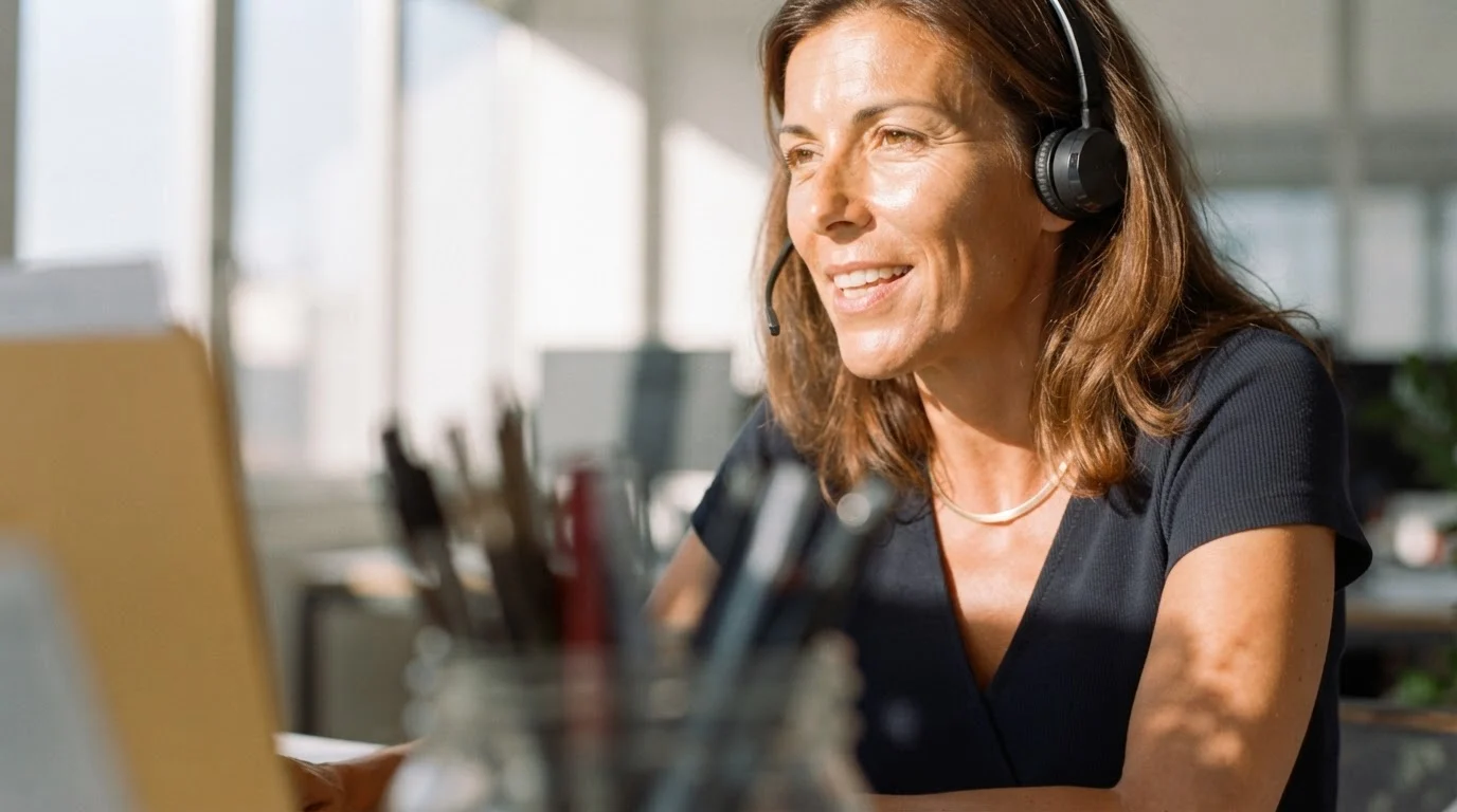 An advisor wearing a headset at her desk, on a call in a sunlit office