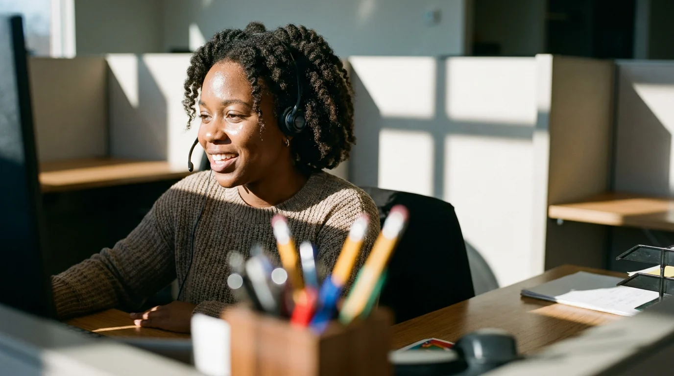 A contact center agent wearing a headset, smiling during a call