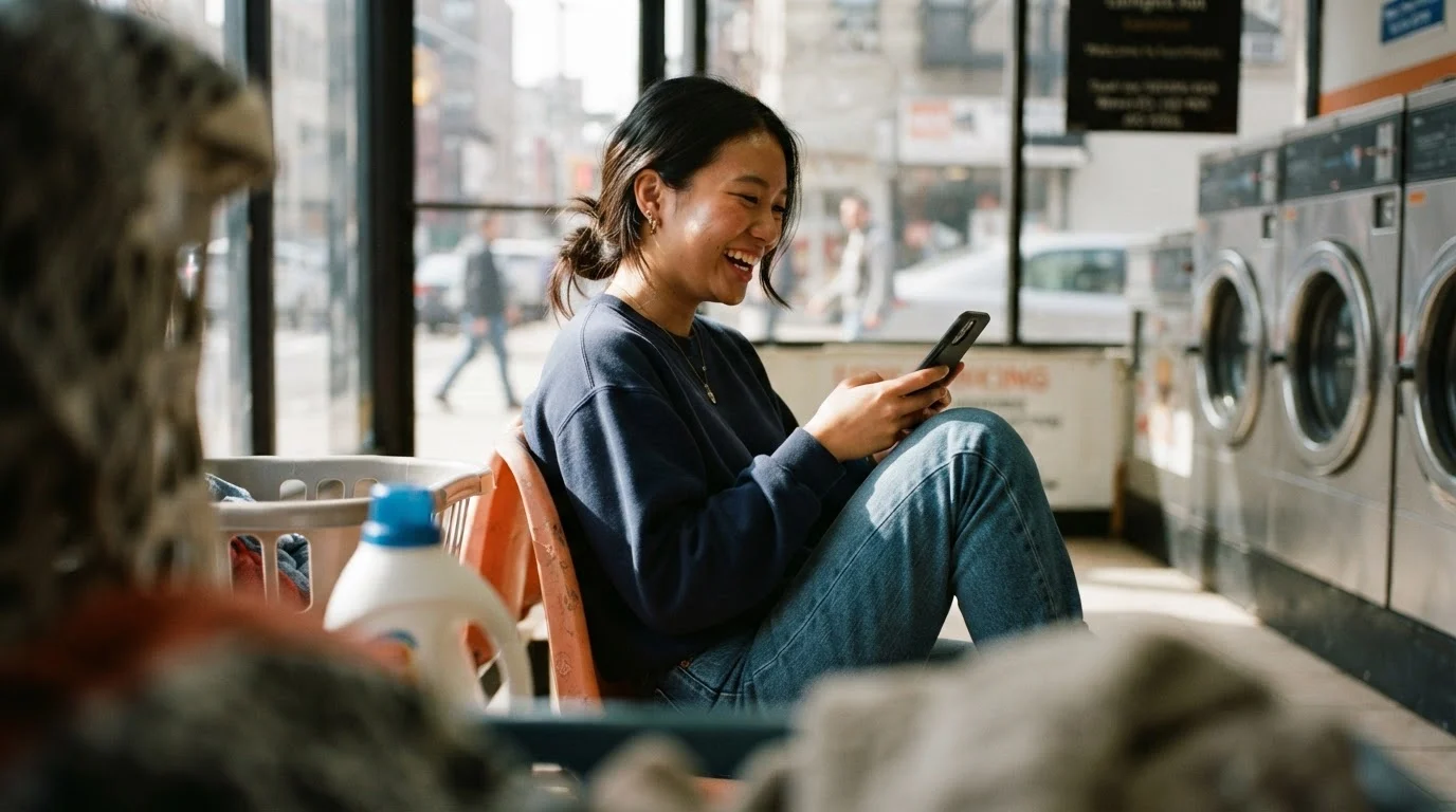 A policyholder smiling at her phone while waiting at a laundromat