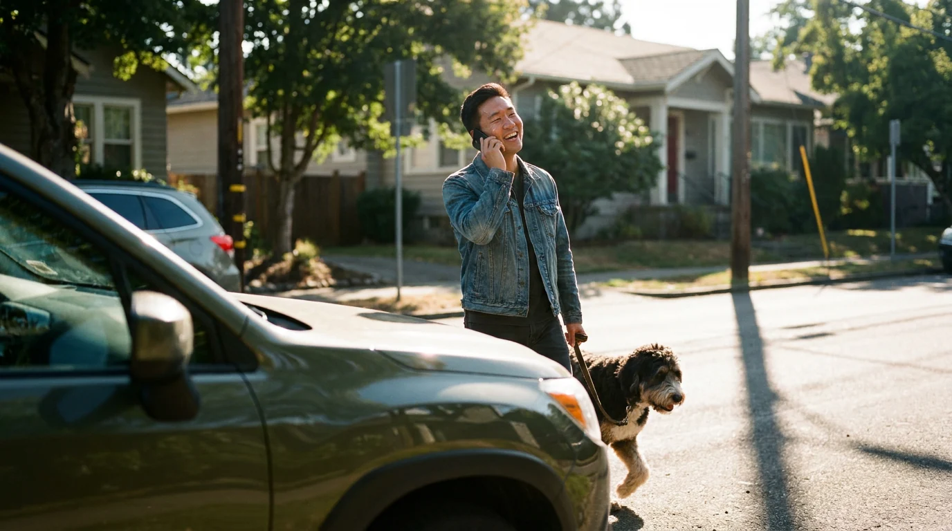 A customer taking a call while out walking his dog