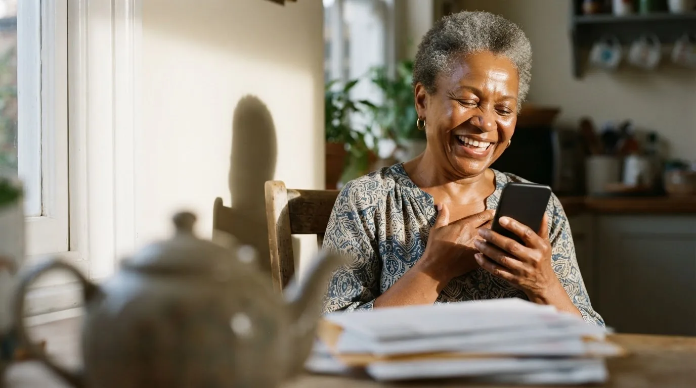 A woman in her sixties laughing at her phone at a sunlit kitchen table, a stack of post in front of her